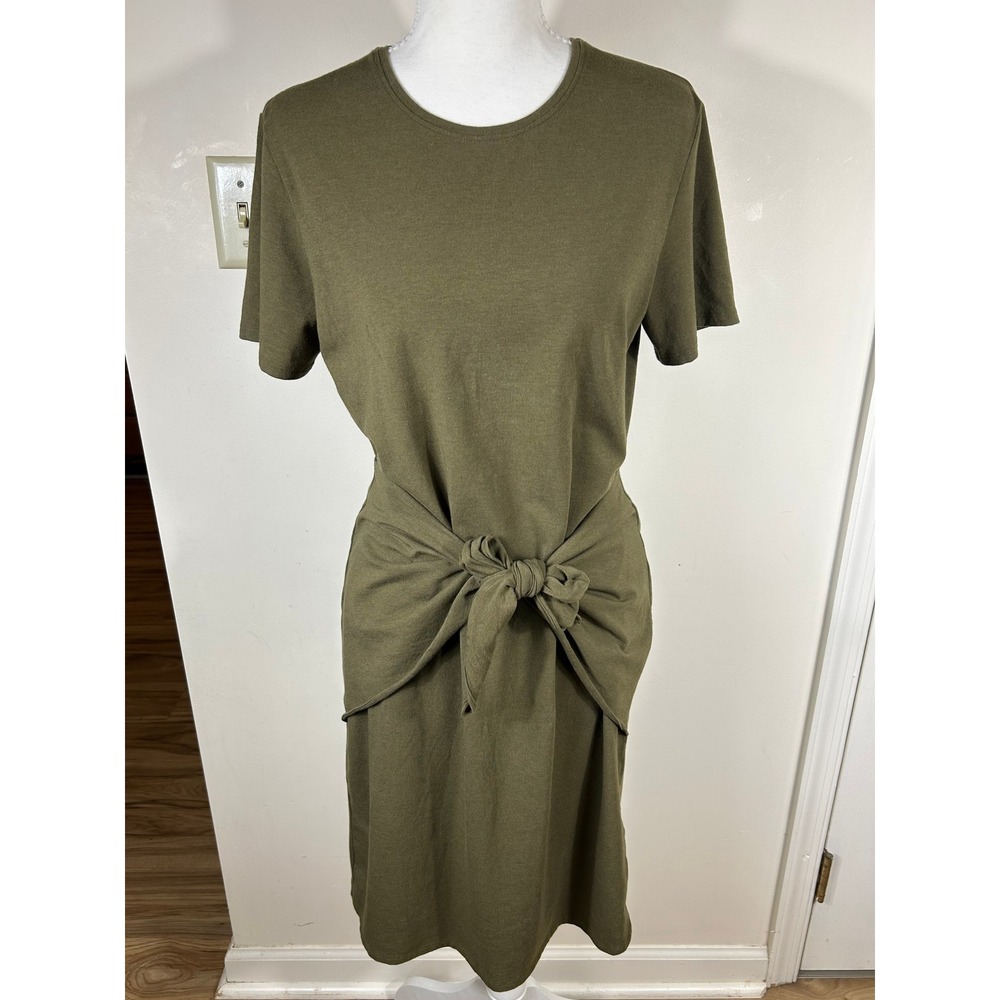 Theory Midi Dress Womens L Olive Green‎ Front Tie Pima Cotton Modal Luxe Safari